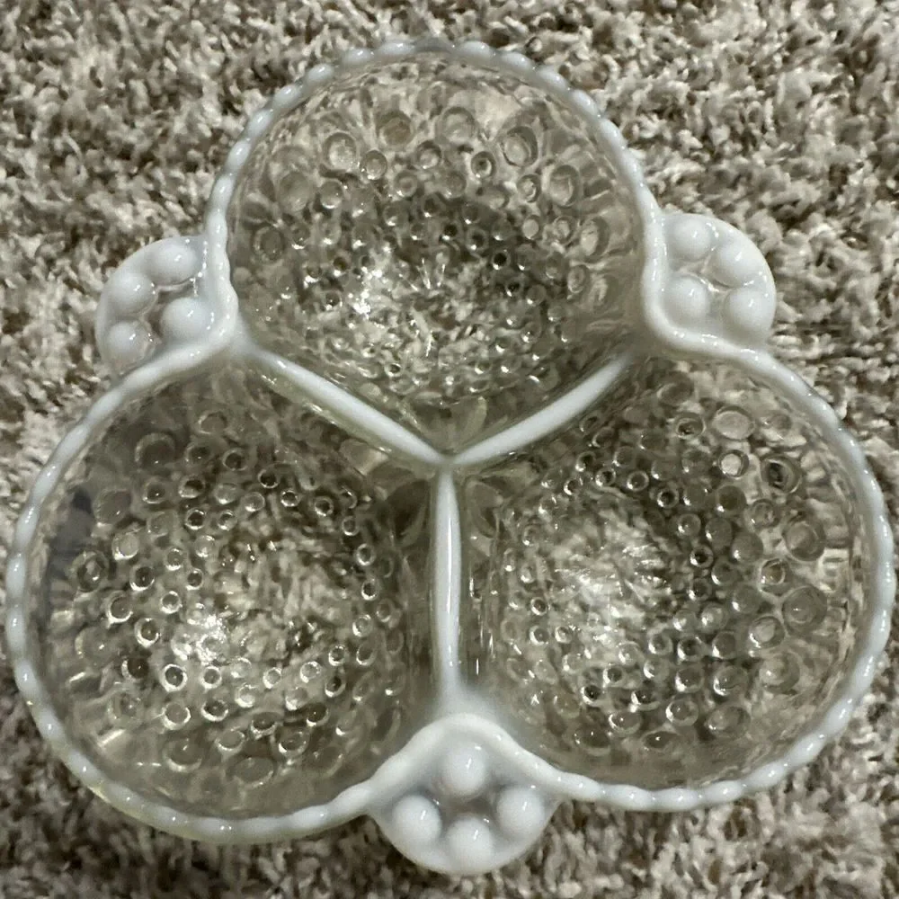 Vintage Moonstone Opalescent Hobnail‎  3 Section Divided Relish Candy Dish